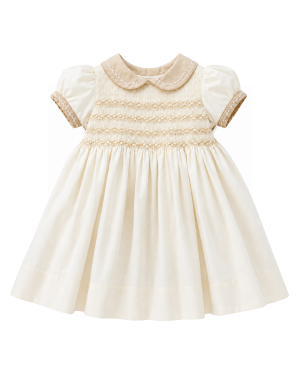 Girls Ivory and Beige Hand-Smocked Dress