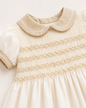 Girls Ivory and Beige Hand-Smocked Dress