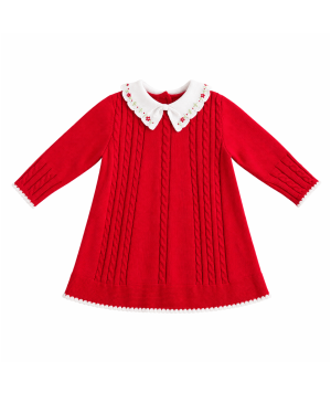 Girls Red Embroidered Knitted Dress