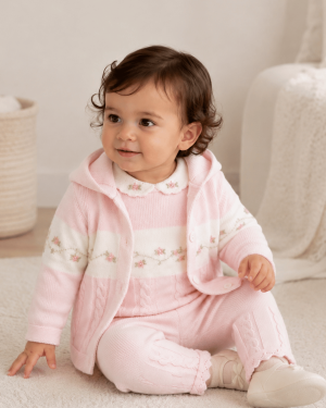 Girls Pink & Ivory Embroidered Knitted Hooded Jacket