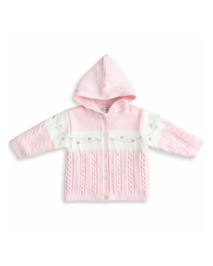 Girls Pink & Ivory Embroidered Knitted Hooded Jacket