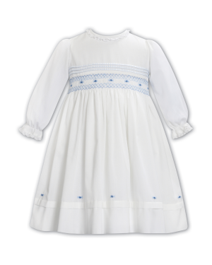 Girls Ivory & Blue Smocked Dress with Floral Embroidery