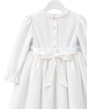 Girls Ivory & Blue Smocked Dress with Floral Embroidery