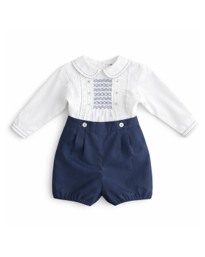 Baby Boys Ivory and Navy Smocked Set