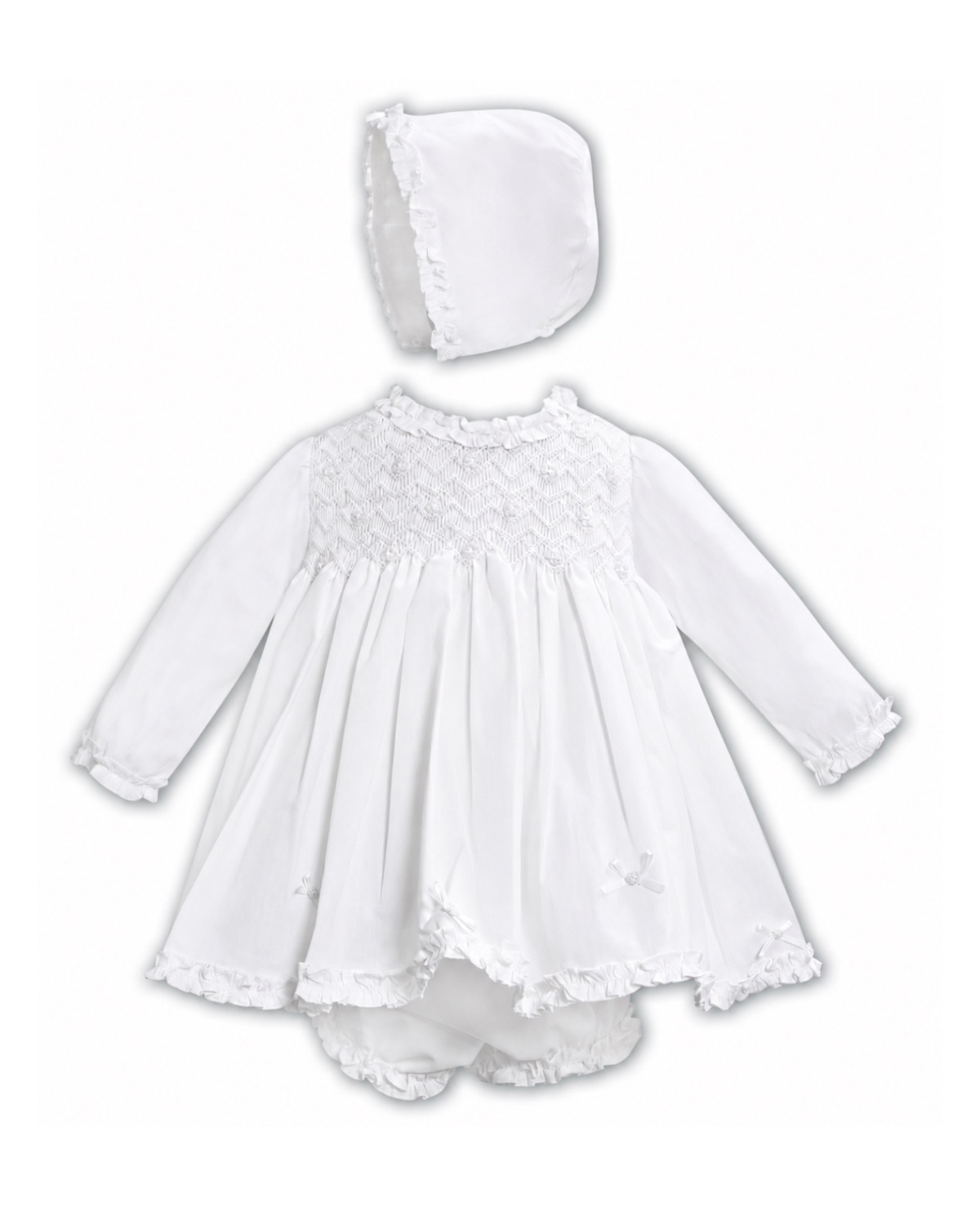 White Smocked Dress Panty & Bonnet Set