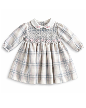 Baby Girls Grey & Pink Check Smocked Dress