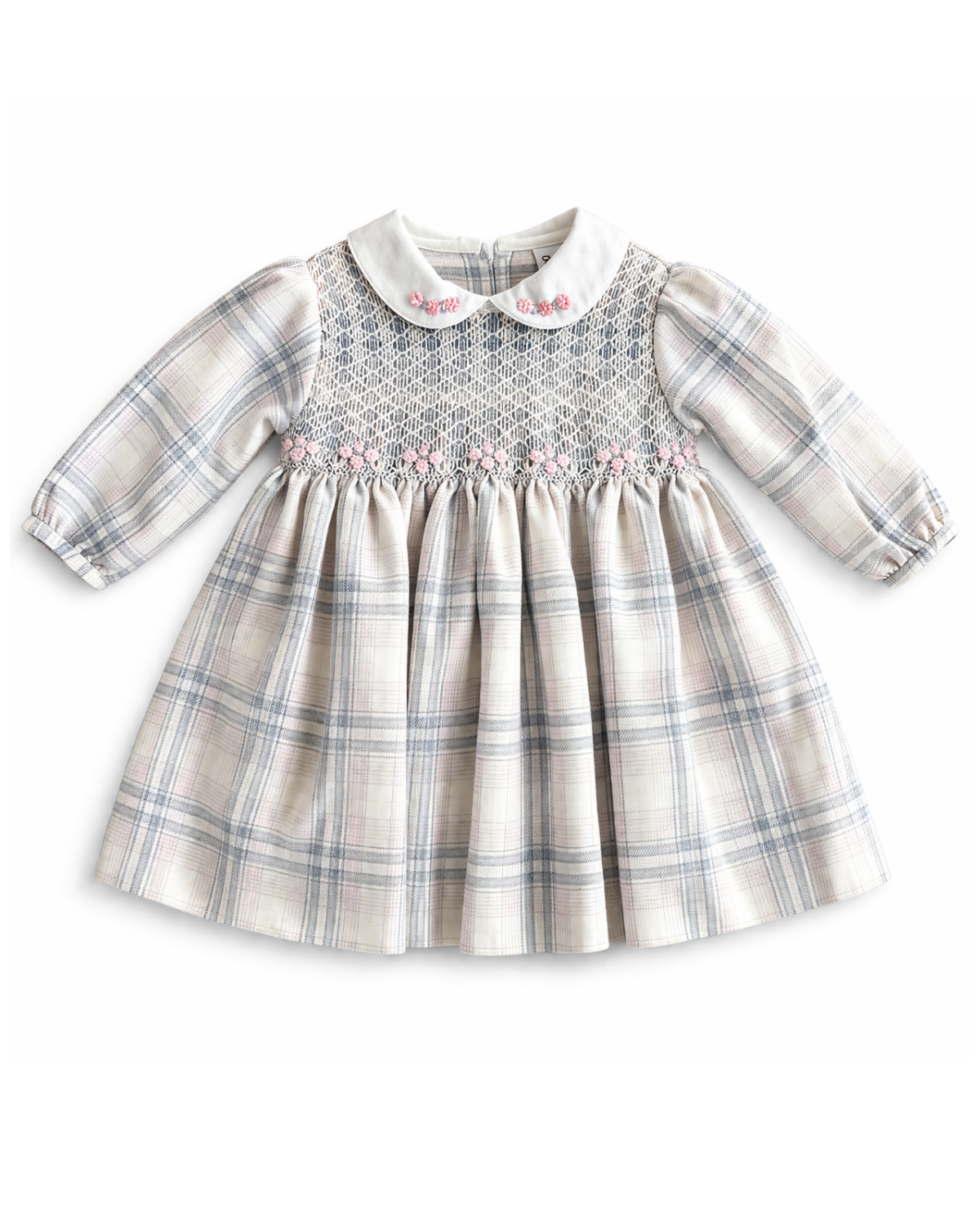 Baby Girls Grey & Pink Check Smocked Dress