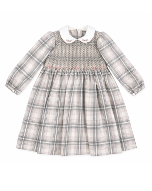 Girls Grey & Pink Check Smocked Dress