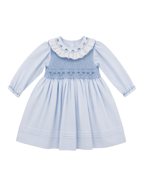 Girls Powder Blue Smocked Ruffle Collar Dress