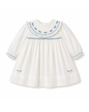 Girls Ivory & Blue Embroidered Long Sleeve Dress