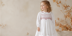 Girls Ivory Smocked Dress Rose Embroidery