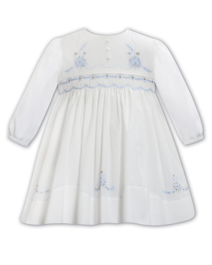 Girls Ivory & Blue Floral Smocked Long Sleeve Dress