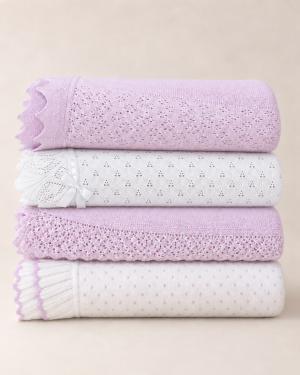Lilac Knitted Baby Shawl with Scalloped Lace Border