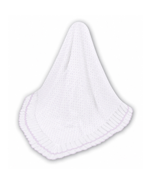 White & Lilac Knitted Baby Shawl with Scalloped Trim