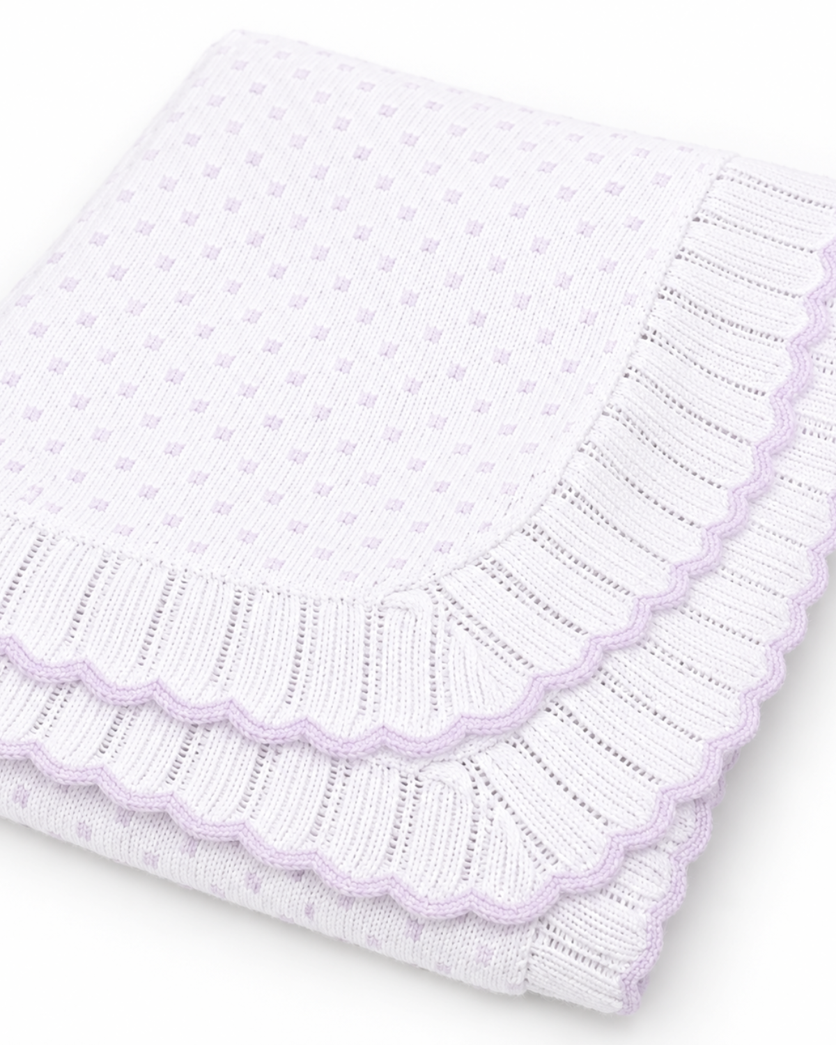 White & Lilac Knitted Baby Shawl with Scalloped Trim - Image 4
