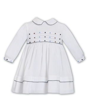 Girls White Embroidered Dress with Navy Trim