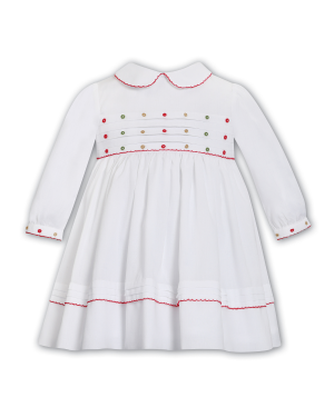 Girls White Embroidered Dress with Red Trim