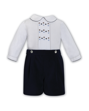 Boys White Embroidered Shirt & Navy Velvet Shorts Set