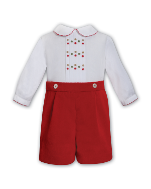 Boys White Embroidered Shirt & Red Velvet Shorts Set